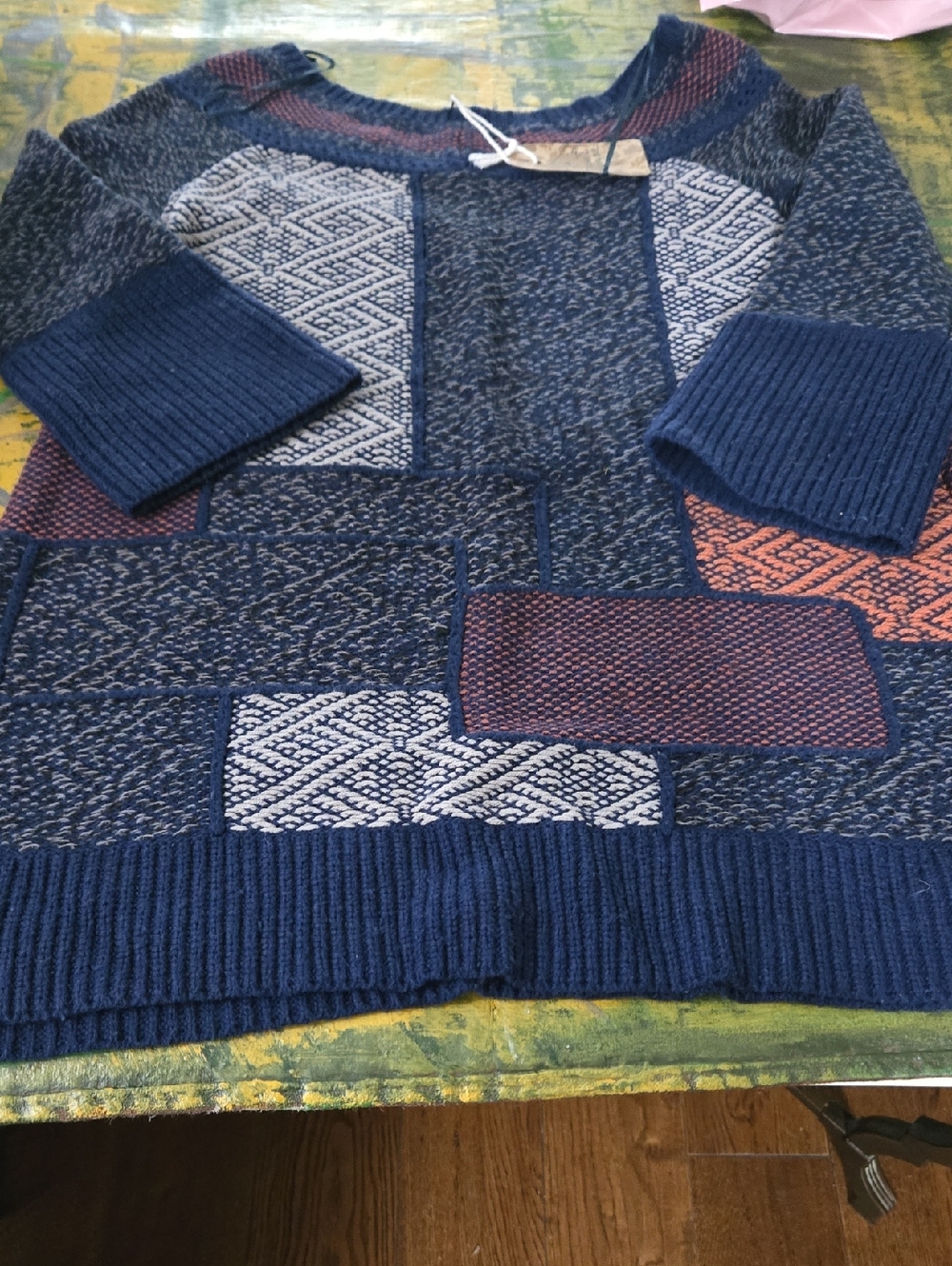 Free People Navy Patchwork Crewneck Sweater with Rust Accents